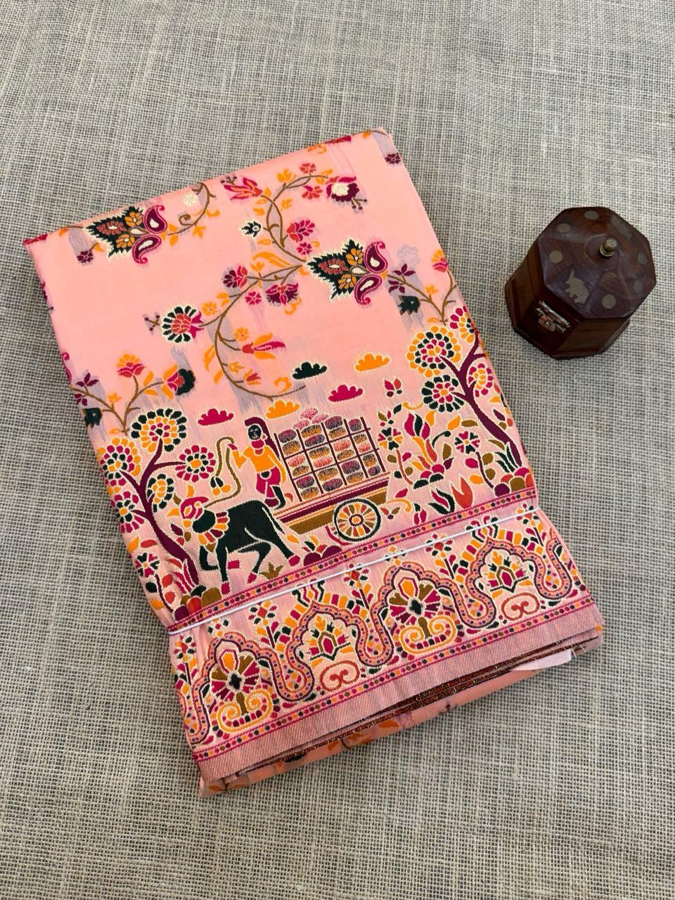 Mellifluous Peach Pashmina Saree With Improbable Blouse Piece