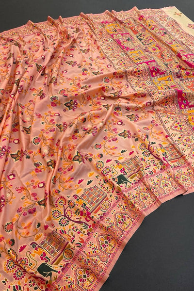 Mellifluous Peach Pashmina Saree With Improbable Blouse Piece