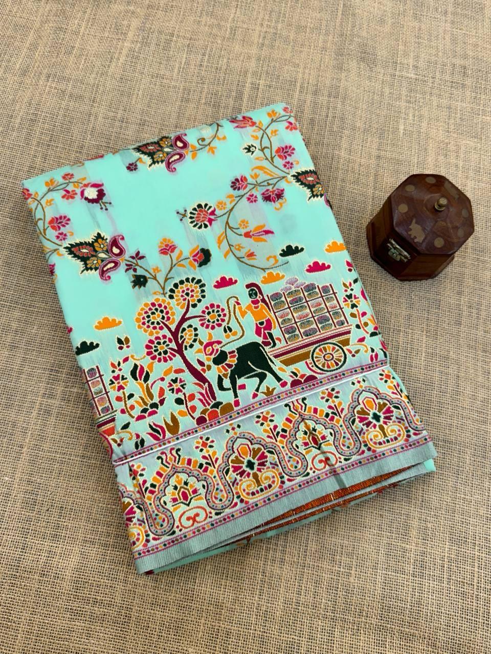 Comely Sky Pashmina Saree With Blooming Blouse Piece