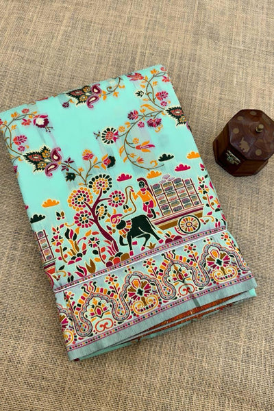Comely Sky Pashmina Saree With Blooming Blouse Piece