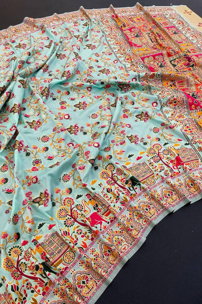 Comely Sky Pashmina Saree With Blooming Blouse Piece