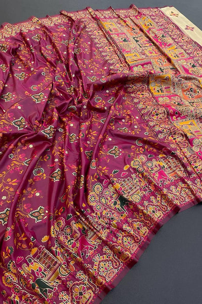 Luminous Wine Pashmina Saree With Winsome Blouse Piece