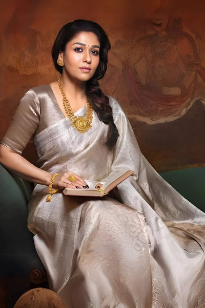 Bollywood Style Silver Soft Tissue Silk Saree With Resonant Blouse Piece