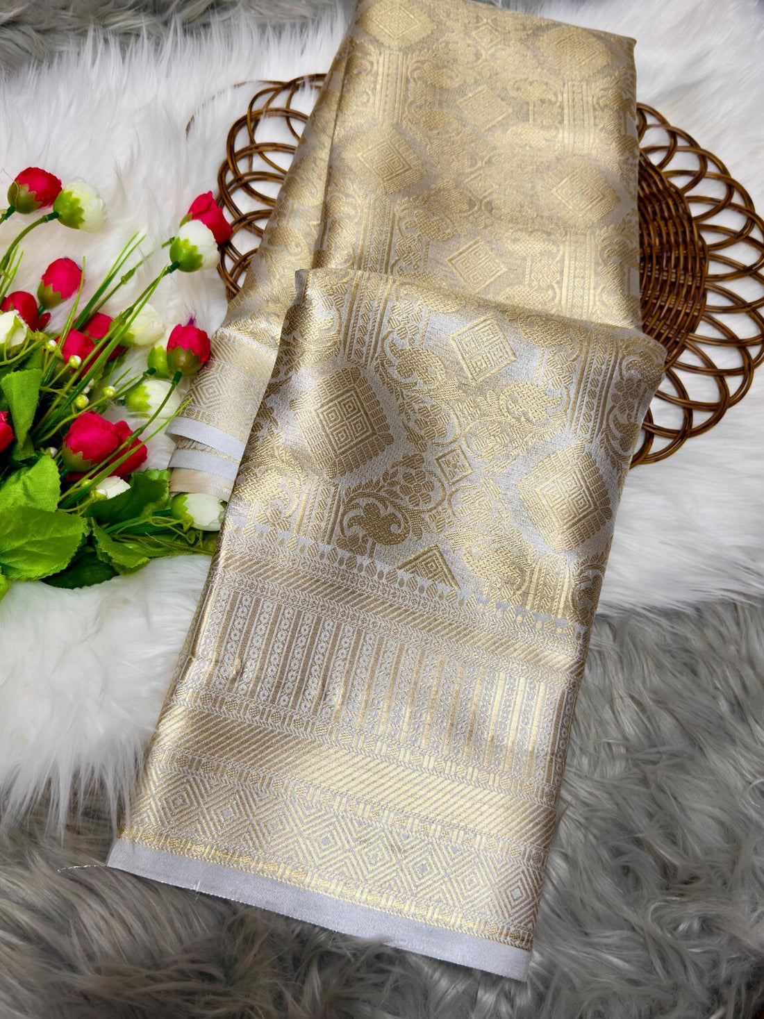 Bollywood Style Silver Soft Tissue Silk Saree With Resonant Blouse Piece