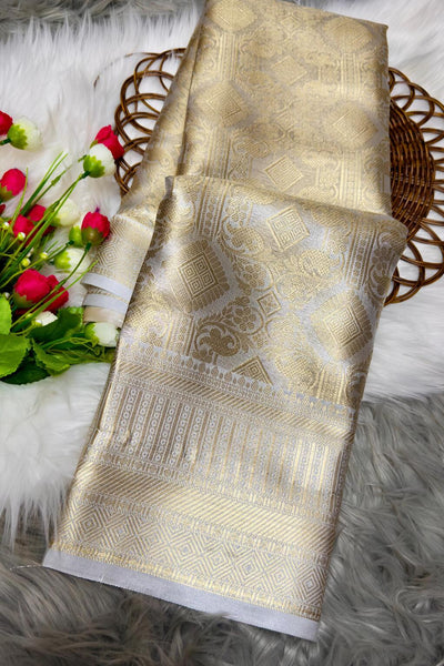 Bollywood Style Silver Soft Tissue Silk Saree With Resonant Blouse Piece