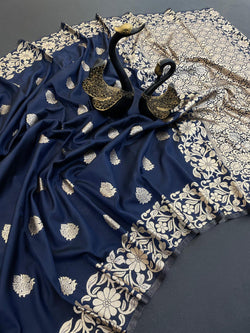 Mesmerising Navy Blue Soft Banarasi Silk Saree With Flaunt Blouse Piece