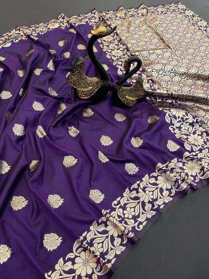 Gratifying Purple Soft Banarasi Silk Saree With Traditional Blouse Piece