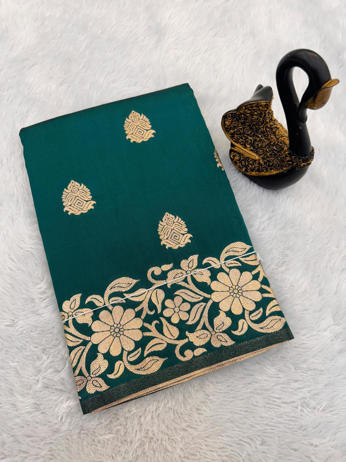 Demure Rama Soft Banarasi Silk Saree With Elegant Blouse Piece