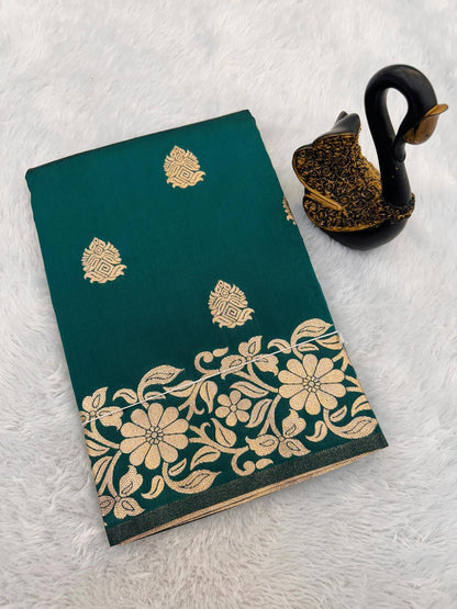 Demure Rama Soft Banarasi Silk Saree With Elegant Blouse Piece