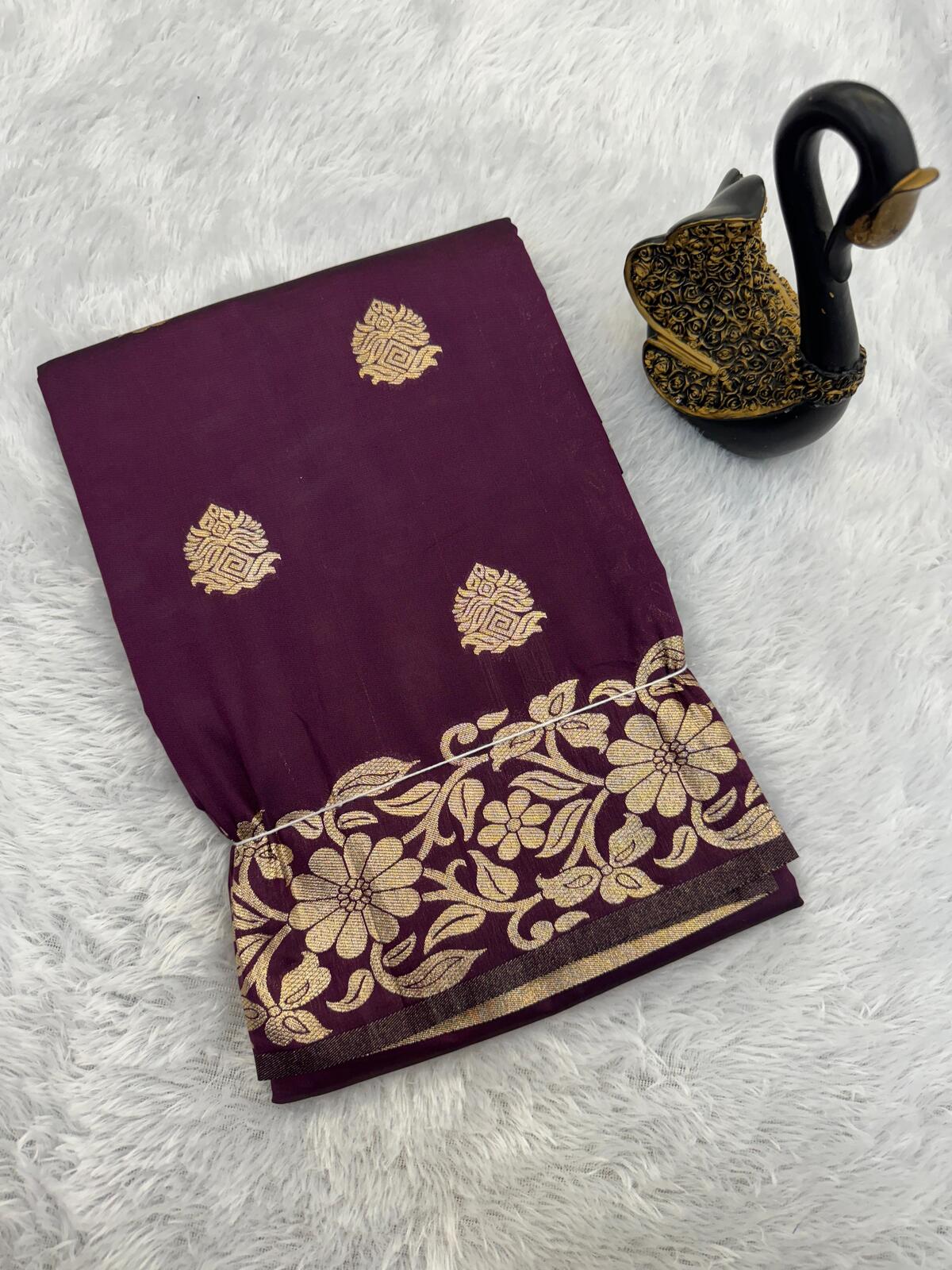 Bucolic Wine Soft Banarasi Silk Saree With Delectable Blouse Piece