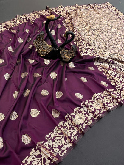 Bucolic Wine Soft Banarasi Silk Saree With Delectable Blouse Piece