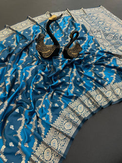Serendipity Blue Soft Banarasi Silk Saree With Elision Blouse Piece