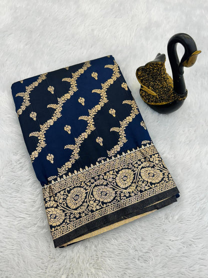 Diaphanous Navy Blue Soft Banarasi Silk Saree With Phenomenal Blouse Piece