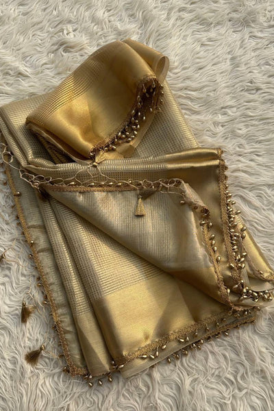 Fancifull Golden Soft Tissue Silk Saree With Demesne Blouse Piece