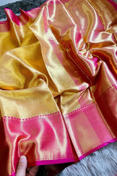Bollywood Style Golden Soft Tissue Silk Saree With Artistic Blouse Piece
