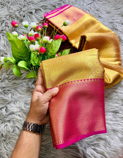 Bollywood Style Golden Soft Tissue Silk Saree With Artistic Blouse Piece