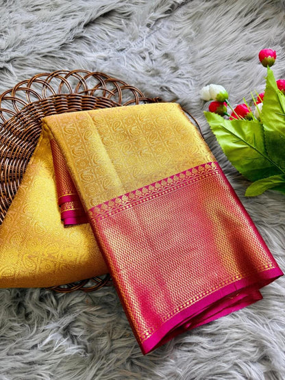 Bollywood Style Golden Soft Tissue Silk Saree With Artistic Blouse Piece