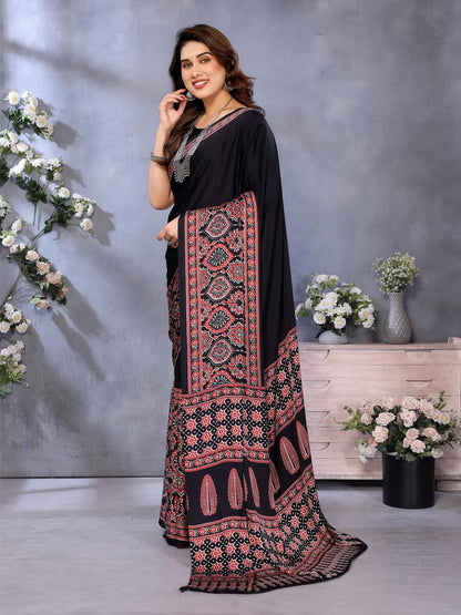 Supernal Black Ajrak Printed Soft Silk Saree With Piquant Blouse Piece