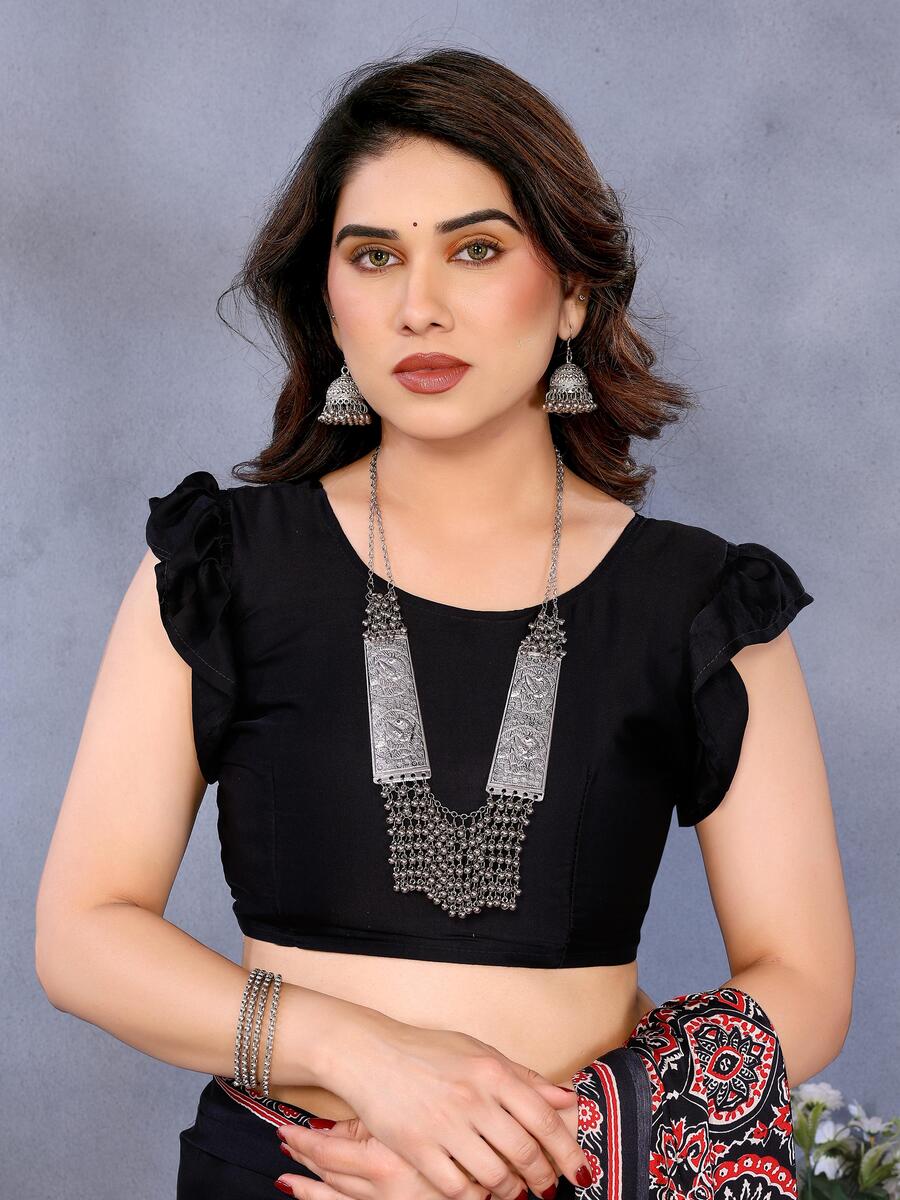 Supernal Black Ajrak Printed Soft Silk Saree With Piquant Blouse Piece