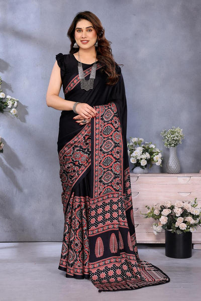 Supernal Black Ajrak Printed Soft Silk Saree With Piquant Blouse Piece