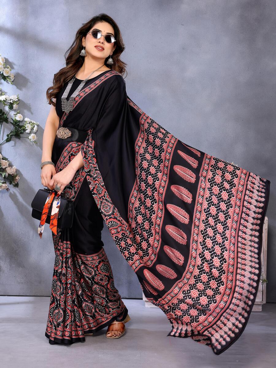 Supernal Black Ajrak Printed Soft Silk Saree With Piquant Blouse Piece