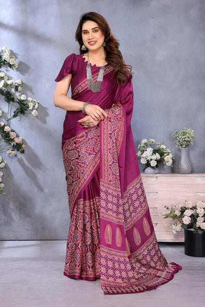 Pleasurable Purple Ajrak Printed Soft Silk Saree With Fragrant Blouse Piece