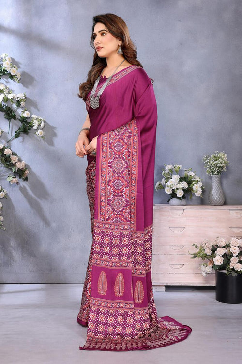 Load image into Gallery viewer, Pleasurable Purple Ajrak Printed Soft Silk Saree With Fragrant Blouse Piece
