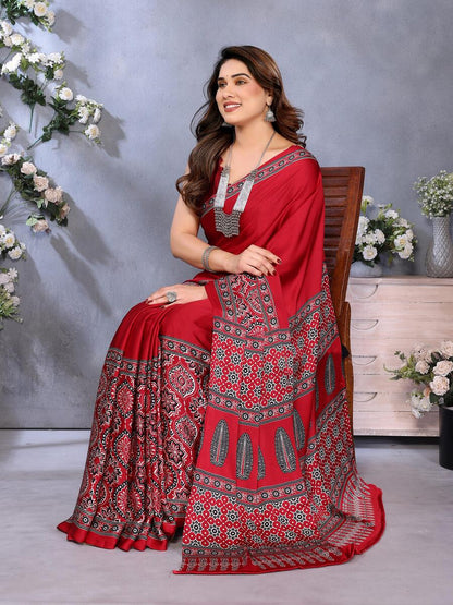 Girlish Red Ajrak Printed Soft Silk Saree With Ephemeral Blouse Piece
