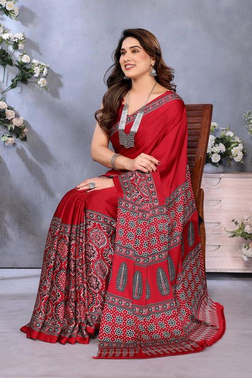 Load image into Gallery viewer, Girlish Red Ajrak Printed Soft Silk Saree With Ephemeral Blouse Piece
