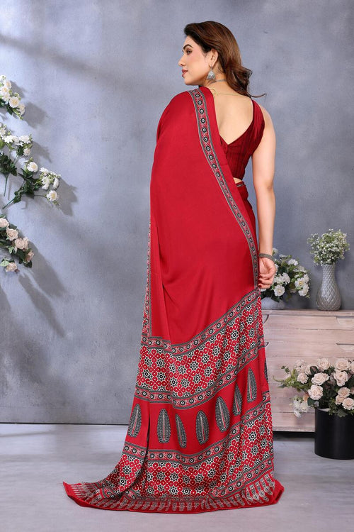 Load image into Gallery viewer, Girlish Red Ajrak Printed Soft Silk Saree With Ephemeral Blouse Piece
