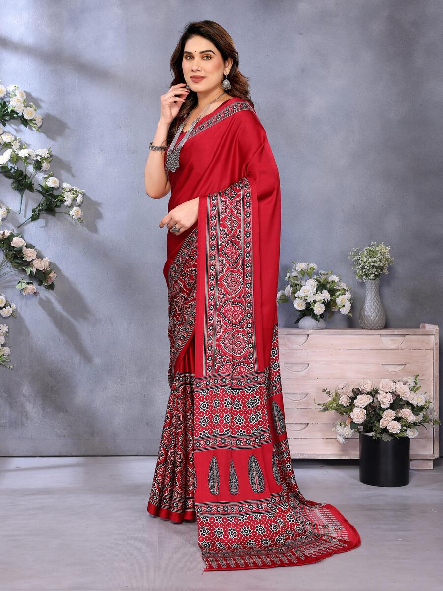Girlish Red Ajrak Printed Soft Silk Saree With Ephemeral Blouse Piece
