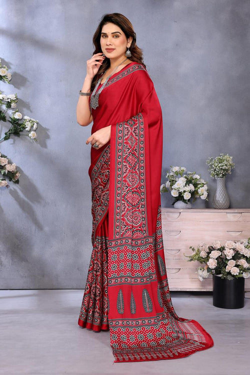 Load image into Gallery viewer, Girlish Red Ajrak Printed Soft Silk Saree With Ephemeral Blouse Piece
