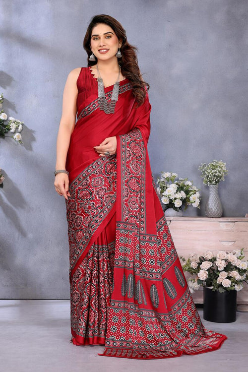 Load image into Gallery viewer, Girlish Red Ajrak Printed Soft Silk Saree With Ephemeral Blouse Piece
