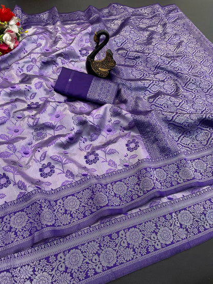 Lovely Lavender Soft Banarasi Tissue Silk Saree With Capricious Blouse Piece