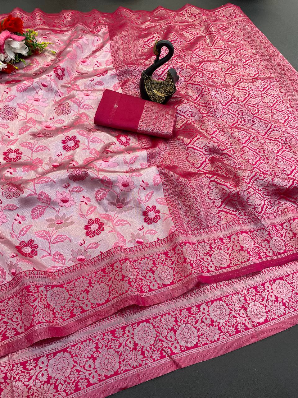 Redolent Pink Soft Banarasi Tissue Silk Saree With Engaging Blouse Piece