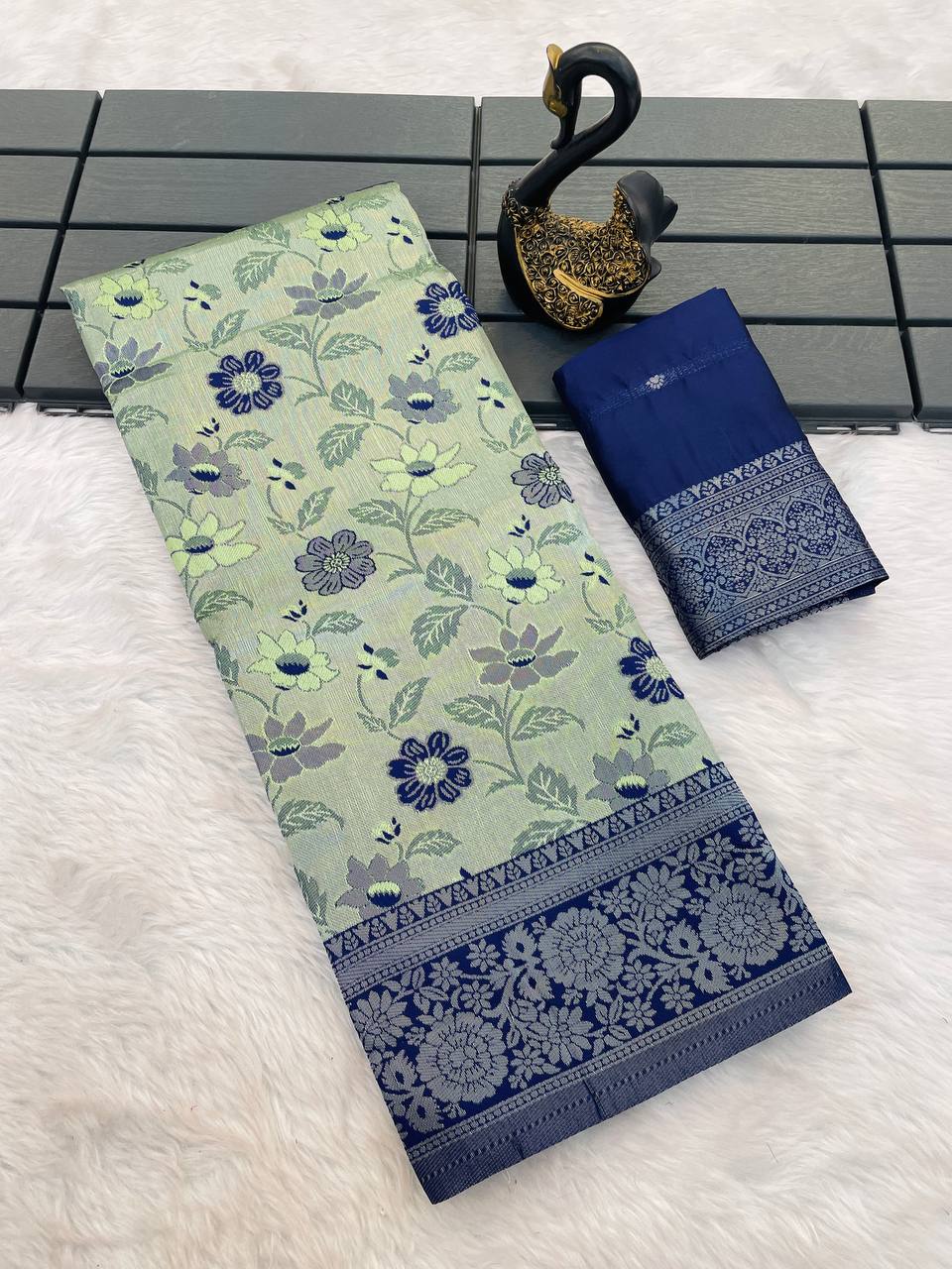 Cynosure Pista Soft Banarasi Tissue Silk Saree With Majesty Blouse Piece