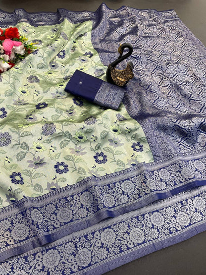 Cynosure Pista Soft Banarasi Tissue Silk Saree With Majesty Blouse Piece