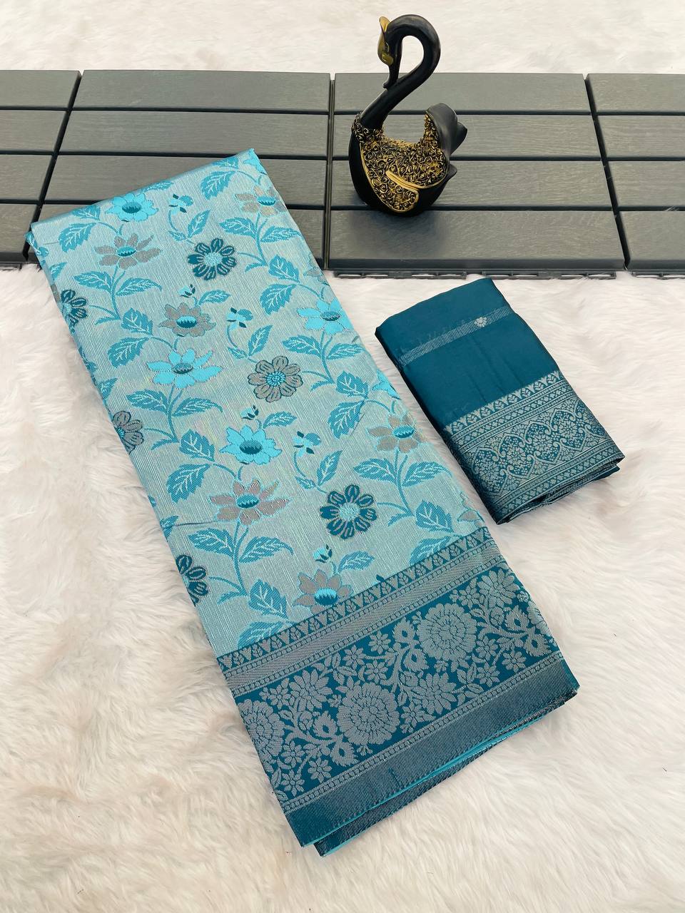 Outstanding Sky Soft Banarasi Tissue Silk Saree With Scintilla Blouse Piece