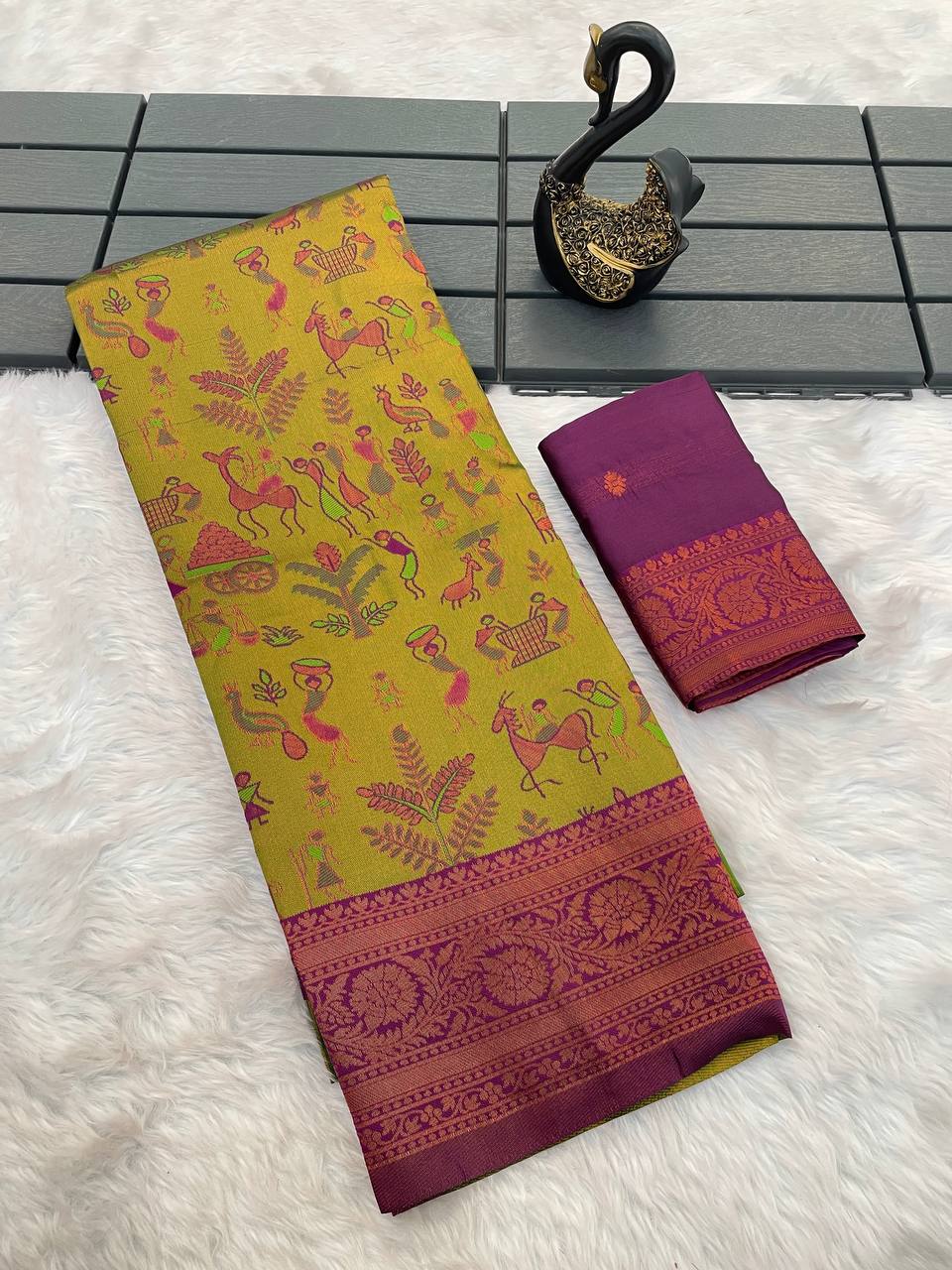 Twirling Mustard Soft Banarasi Tissue Silk Saree With Scintilla Blouse Piece