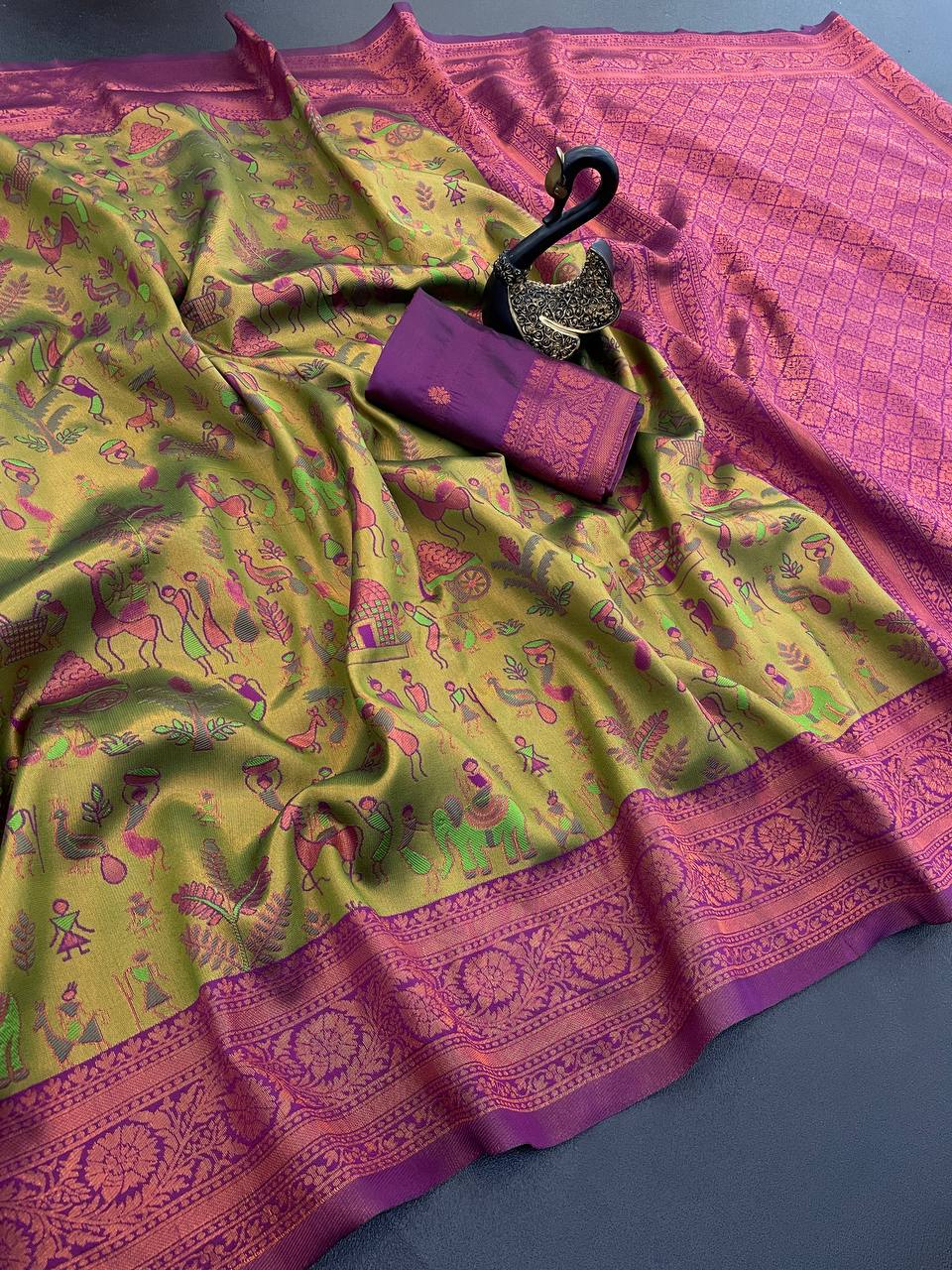 Twirling Mustard Soft Banarasi Tissue Silk Saree With Scintilla Blouse Piece