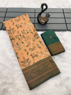 Adorning Peach Soft Banarasi Tissue Silk Saree With Rhapsody Blouse Piece