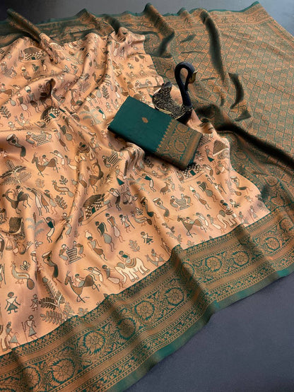 Adorning Peach Soft Banarasi Tissue Silk Saree With Rhapsody Blouse Piece