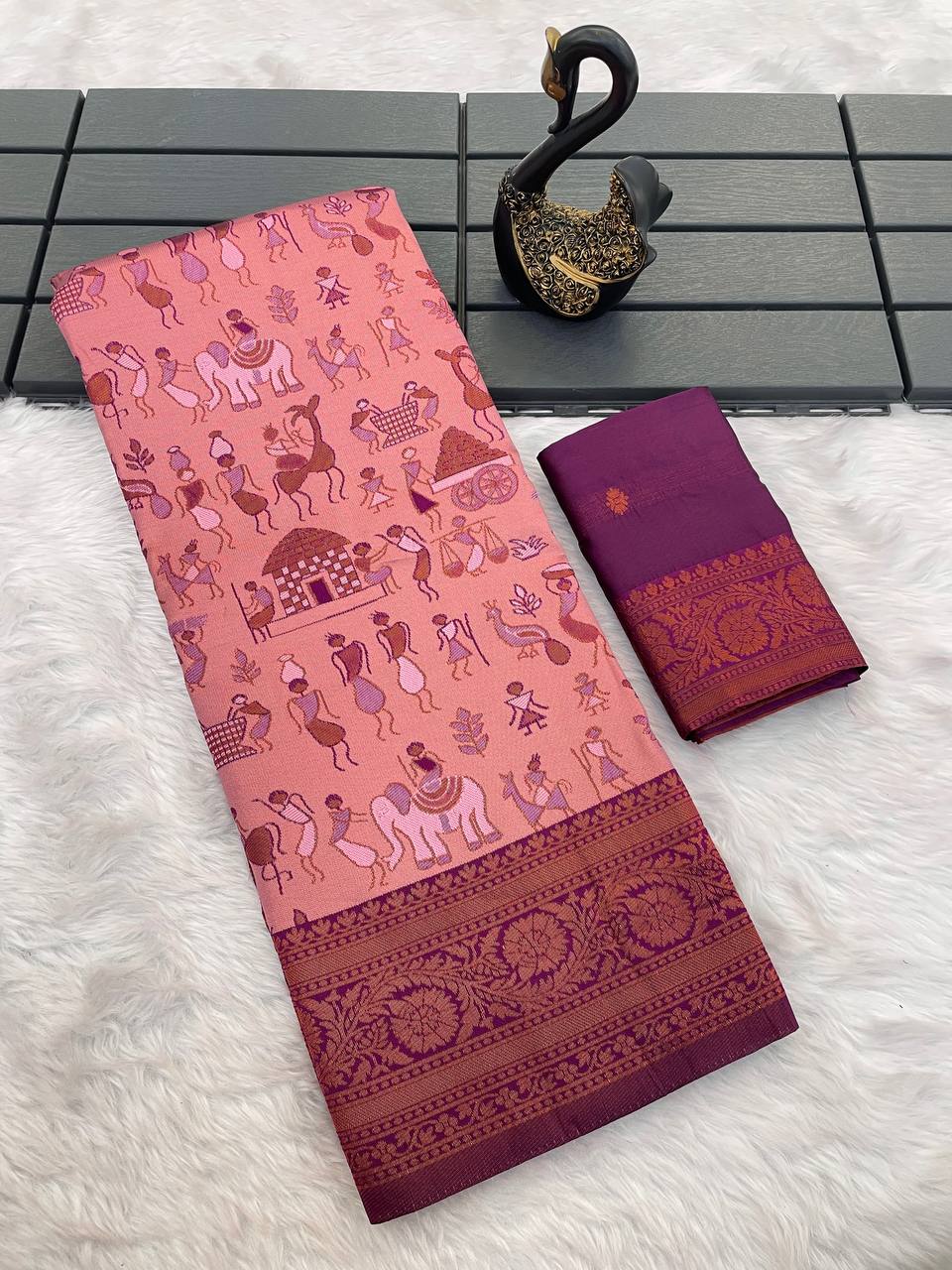 Deserving Pink Soft Banarasi Tissue Silk Saree With Precious Blouse Piece