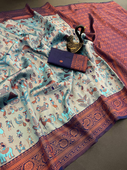 Prodigal Sky Soft Banarasi Tissue Silk Saree With Flamboyant Blouse Piece
