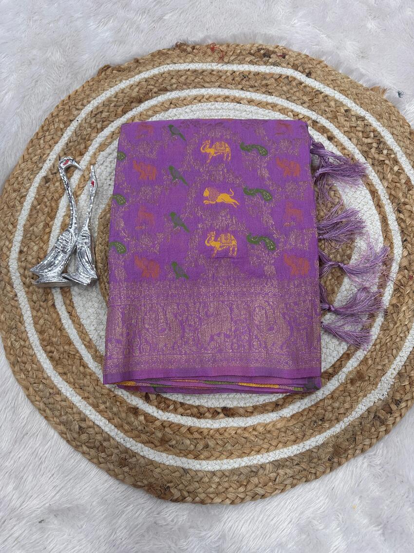Lissome Lavender Soft Banarasi Silk Saree With Prominent  Blouse Piece