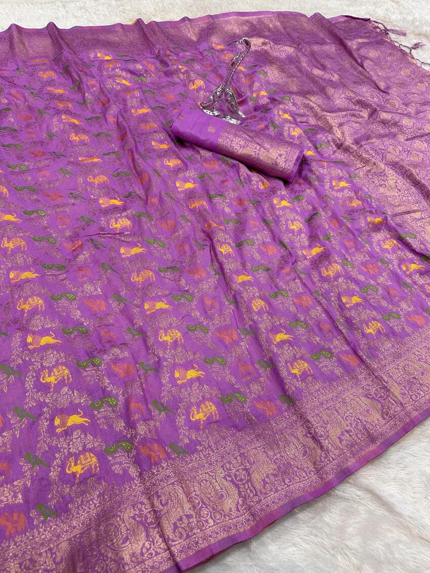 Lissome Lavender Soft Banarasi Silk Saree With Prominent  Blouse Piece