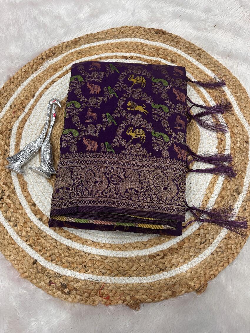 Lustrous Royal Purple Soft Banarasi Silk Saree With Eclat Blouse Piece