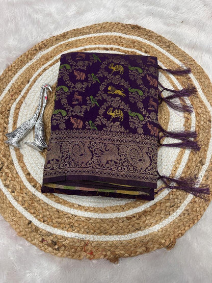 Lustrous Royal Purple Soft Banarasi Silk Saree With Eclat Blouse Piece