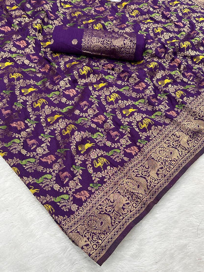Lustrous Royal Purple Soft Banarasi Silk Saree With Eclat Blouse Piece