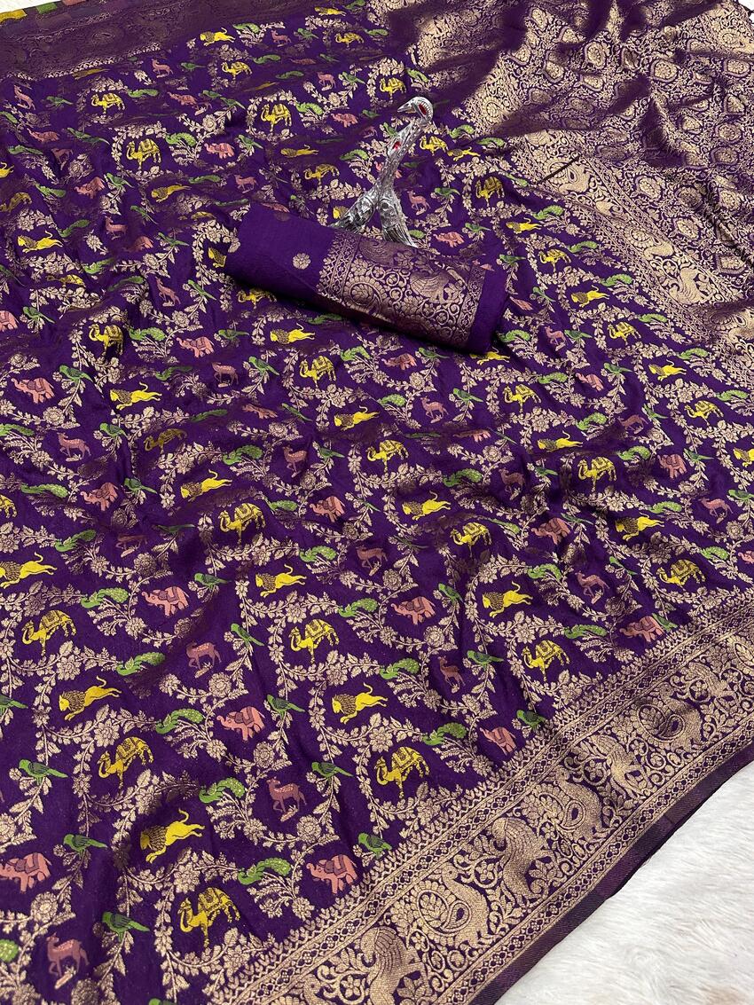 Lustrous Royal Purple Soft Banarasi Silk Saree With Eclat Blouse Piece